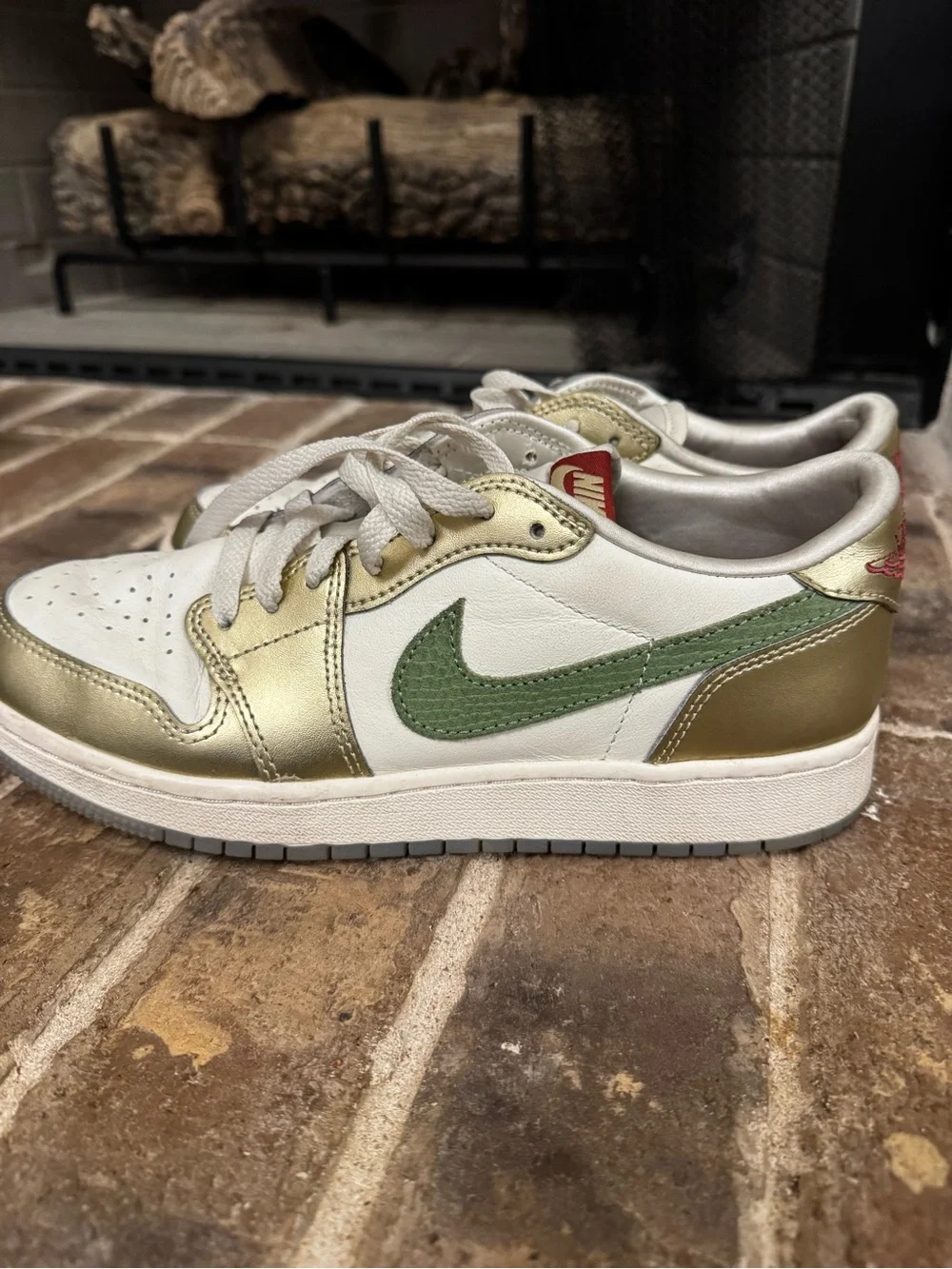 Air Jordan Low-Top Sneakers in White, Metallic Gold & Olive Green